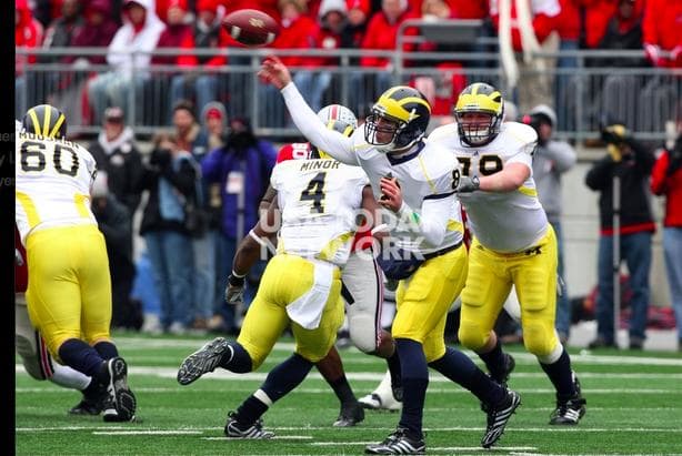 Columbus, OH, USA; Michigan Wolverines quarterback Nick Sheridan (8) throws against the Ohio State Buckeyes at Ohio Stadium. Mandatory Credit: Matthew Emmons-USA TODAY Sports
